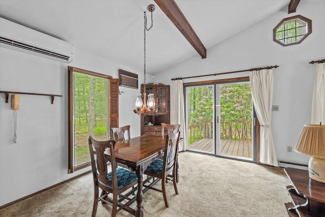 1371 Brian Ln, Effort, PA 18330 - dining area featuring a wall mounted air conditioner, carpet flooring, baseboard heating, and a chandelier