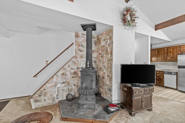 1371 Brian Ln, Effort, PA 18330 - living room featuring a wood stove and light colored carpet