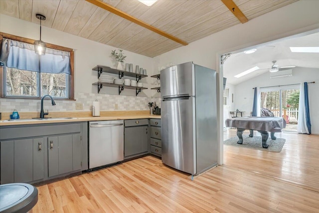 kitchen featuring open shelves, a sink, gray cabinetry, decorative backsplash, and stainless steel appliances