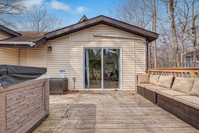 wooden terrace featuring cooling unit and outdoor lounge area