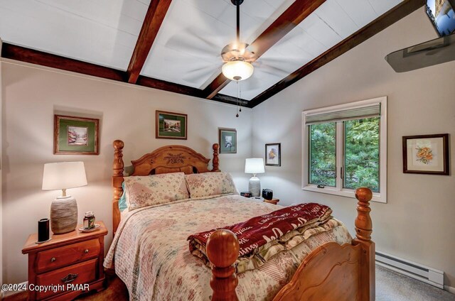 bedroom with a baseboard heating unit, vaulted ceiling with beams, and ceiling fan