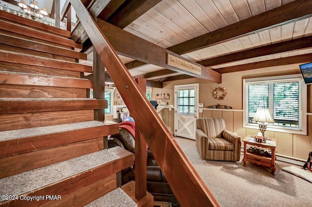 stairs with wood ceiling, beam ceiling, carpet floors, and a healthy amount of sunlight