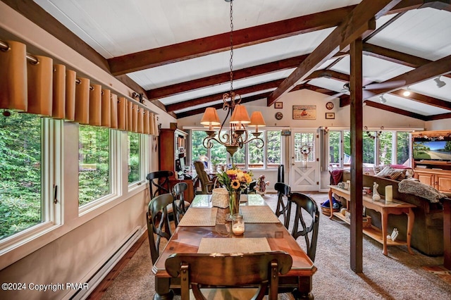 dining space featuring baseboard heating, carpet floors, a chandelier, and lofted ceiling with beams