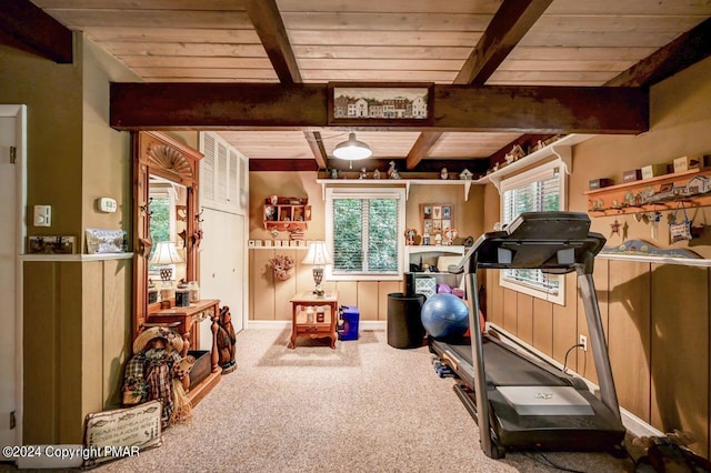 exercise area featuring wooden ceiling and carpet