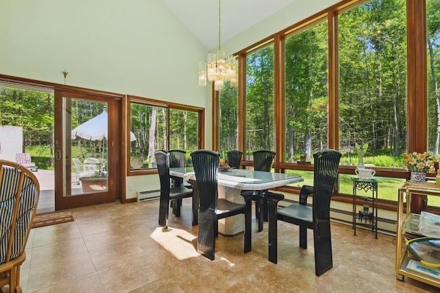 5153 Cresco Dr, Pocono Lake, PA 18347 - sunroom / solarium featuring a chandelier, lofted ceiling, a baseboard radiator, baseboard heating, and tile patterned flooring