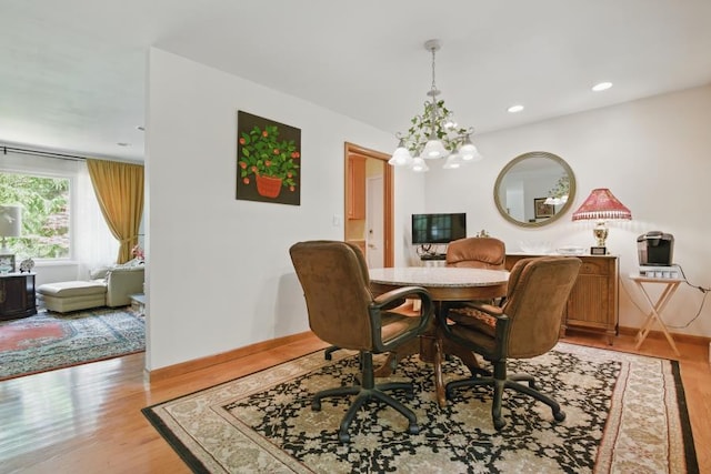 5153 Cresco Dr, Pocono Lake, PA 18347 - dining area with light wood-style flooring, a chandelier, baseboards, and recessed lighting