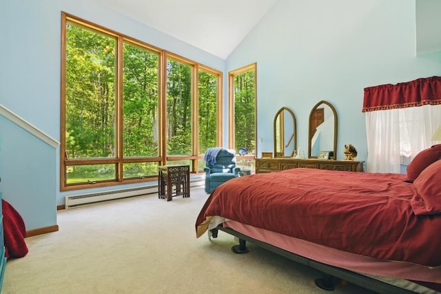 5153 Cresco Dr, Pocono Lake, PA 18347 - carpeted bedroom featuring a baseboard heating unit, multiple windows, high vaulted ceiling, and baseboards