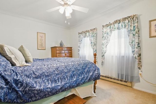 5153 Cresco Dr, Pocono Lake, PA 18347 - carpeted bedroom featuring a baseboard radiator, crown molding, and ceiling fan