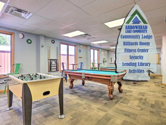 5153 Cresco Dr, Pocono Lake, PA 18347 - playroom featuring carpet, pool table, and a drop ceiling