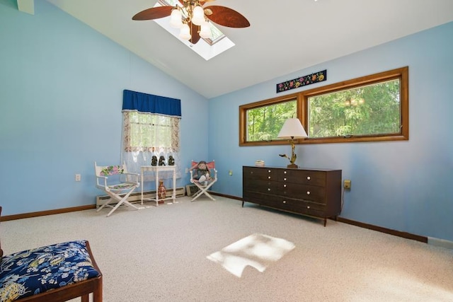 5153 Cresco Dr, Pocono Lake, PA 18347 - bedroom featuring carpet, baseboards, a skylight, a ceiling fan, and high vaulted ceiling