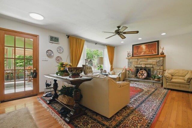 5153 Cresco Dr, Pocono Lake, PA 18347 - living area featuring ceiling fan, hardwood / wood-style flooring, a fireplace, and recessed lighting