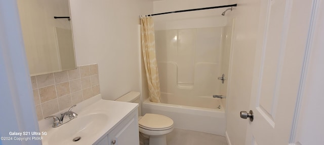 bathroom with shower / bath combination with curtain, vanity, toilet, and tasteful backsplash