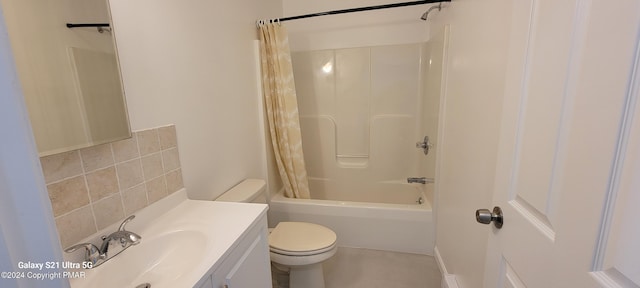 bathroom featuring vanity, toilet, and shower / tub combo with curtain