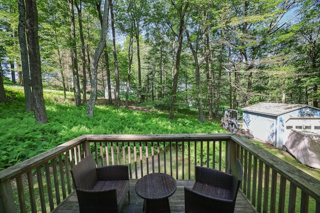 354 Fawn Rd, Pocono Lake, PA 18347 - wooden terrace featuring a shed