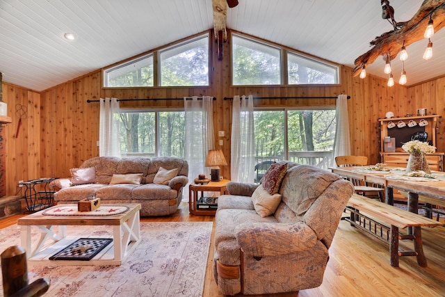 354 Fawn Rd, Pocono Lake, PA 18347 - living room with lofted ceiling, wooden walls, healthy amount of natural light, light wood-style flooring, and wooden ceiling