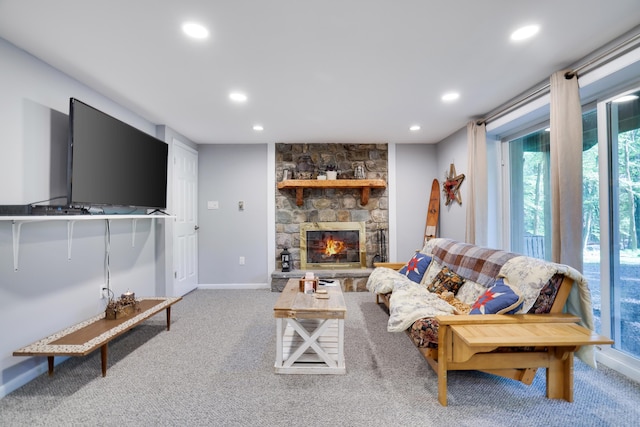 354 Fawn Rd, Pocono Lake, PA 18347 - carpeted living room with recessed lighting and a stone fireplace