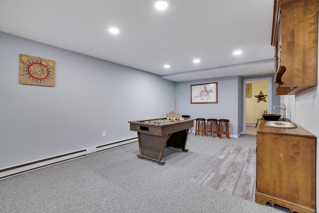 354 Fawn Rd, Pocono Lake, PA 18347 - recreation room featuring recessed lighting, a baseboard radiator, light colored carpet, and billiards table