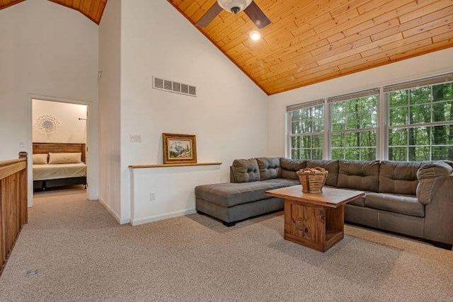 141 Beech Ln, Pocono Lake, PA 18347 - living area with wooden ceiling, high vaulted ceiling, ceiling fan, and light colored carpet