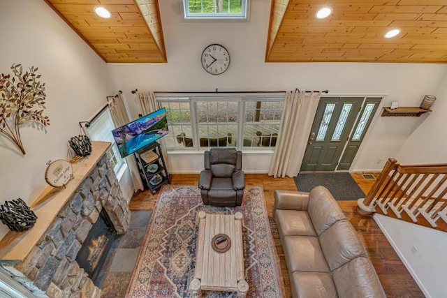 141 Beech Ln, Pocono Lake, PA 18347 - living room with wooden ceiling, lofted ceiling, wood finished floors, recessed lighting, and a fireplace