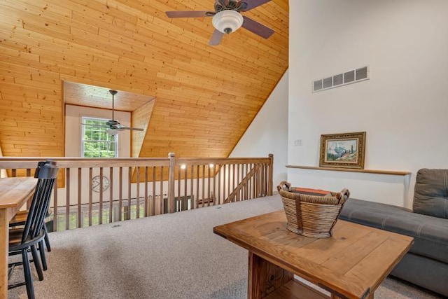 141 Beech Ln, Pocono Lake, PA 18347 - living area with ceiling fan, carpet flooring, wooden walls, and high vaulted ceiling