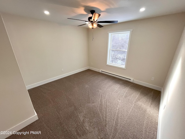 empty room featuring a baseboard radiator, dark colored carpet, baseboards, and recessed lighting