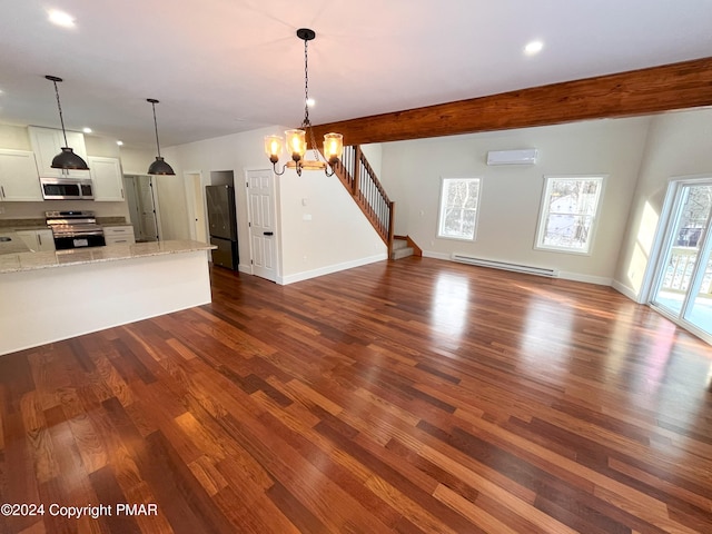 unfurnished living room featuring baseboards, a wall unit AC, dark wood-type flooring, beamed ceiling, and baseboard heating