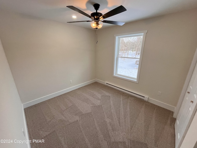 unfurnished room with a ceiling fan, carpet, baseboards, and baseboard heating