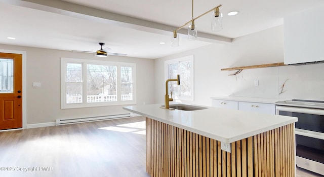 182 Mallard Ln, Albrightsville, PA 18210 - kitchen featuring a baseboard radiator, light countertops, a sink, light wood-type flooring, and double oven range