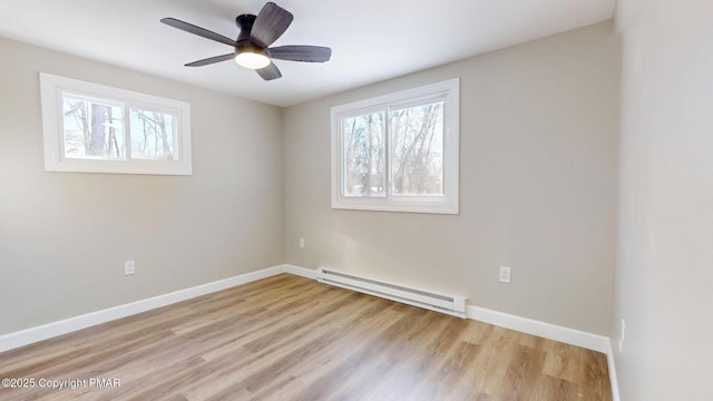 182 Mallard Ln, Albrightsville, PA 18210 - unfurnished room with a ceiling fan, baseboard heating, light wood-style flooring, and baseboards