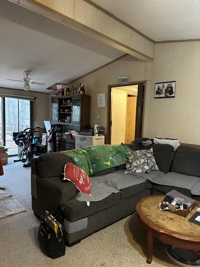 3175 Pocono Dr, East Stroudsburg, PA 18302 - living area featuring lofted ceiling with beams, a textured ceiling, carpet, ceiling fan, and a textured wall