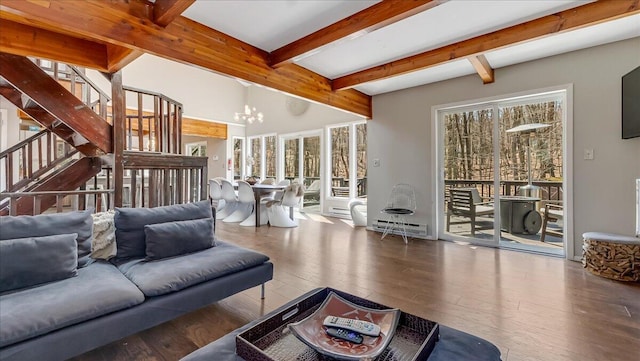 3206 Stonehenge Dr, East Stroudsburg, PA 18301 - living area featuring wood-type flooring, an inviting chandelier, and beam ceiling