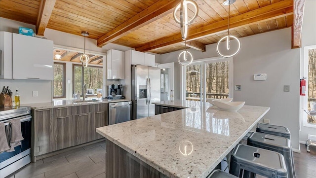 3206 Stonehenge Dr, East Stroudsburg, PA 18301 - kitchen with stainless steel appliances, a sink, white cabinetry, and wood ceiling