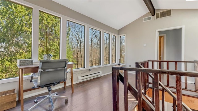 3206 Stonehenge Dr, East Stroudsburg, PA 18301 - home office with vaulted ceiling with beams, a baseboard radiator, a wealth of natural light, and visible vents