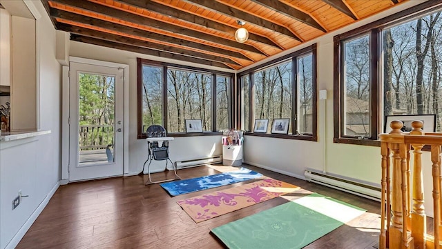 3206 Stonehenge Dr, East Stroudsburg, PA 18301 - sunroom / solarium featuring a baseboard radiator, wood ceiling, wood finished floors, and beamed ceiling