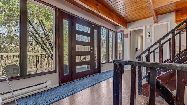 3206 Stonehenge Dr, East Stroudsburg, PA 18301 - foyer featuring beam ceiling, baseboard heating, wood-type flooring, wood ceiling, and stairway