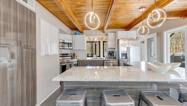 3206 Stonehenge Dr, East Stroudsburg, PA 18301 - kitchen with beamed ceiling, a spacious island, white cabinets, wooden ceiling, and appliances with stainless steel finishes