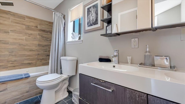 3206 Stonehenge Dr, East Stroudsburg, PA 18301 - bathroom with visible vents, vanity, toilet, shower / bathtub combination with curtain, and tile patterned floors