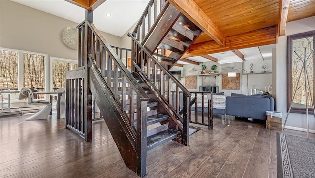 3206 Stonehenge Dr, East Stroudsburg, PA 18301 - stairs featuring wood-type flooring, baseboards, and beamed ceiling