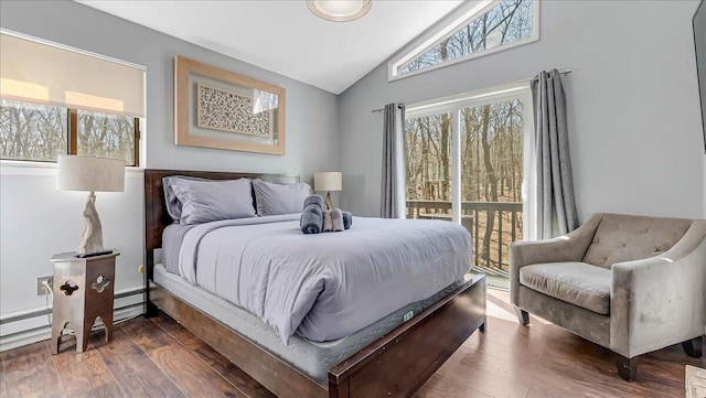 3206 Stonehenge Dr, East Stroudsburg, PA 18301 - bedroom featuring dark wood-style flooring, lofted ceiling, and access to exterior