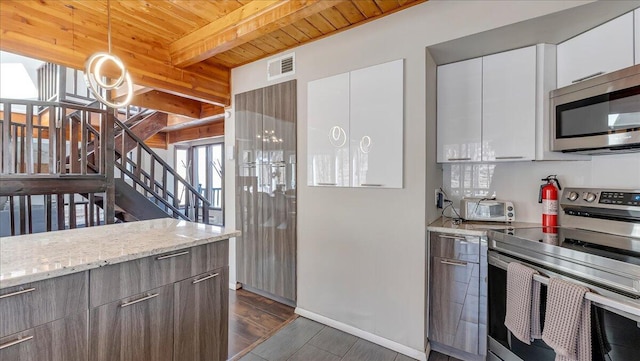 3206 Stonehenge Dr, East Stroudsburg, PA 18301 - kitchen with modern cabinets, dark wood finished floors, stainless steel appliances, visible vents, and wood ceiling
