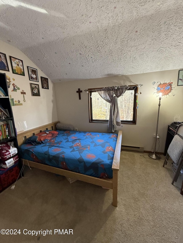 carpeted bedroom featuring a textured ceiling, a baseboard heating unit, and lofted ceiling