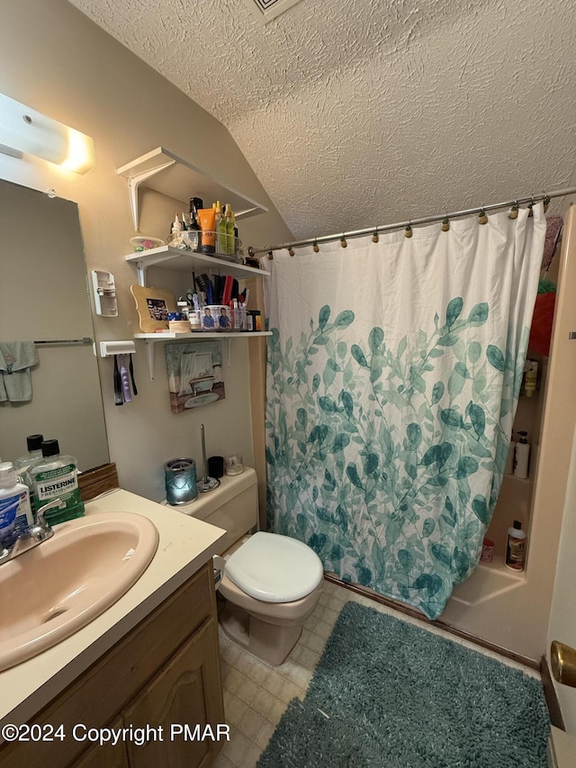 bathroom featuring vanity, lofted ceiling, shower / bath combo, a textured ceiling, and toilet