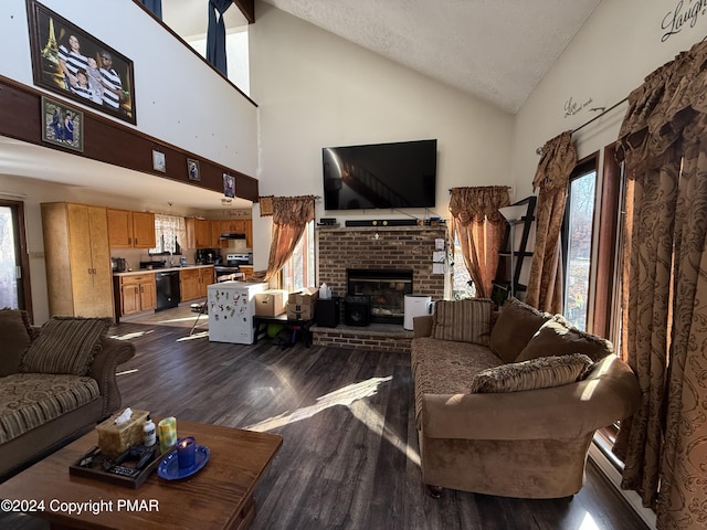 living area featuring a fireplace, vaulted ceiling, wood finished floors, and a textured ceiling