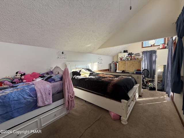 carpeted bedroom featuring vaulted ceiling and a textured ceiling