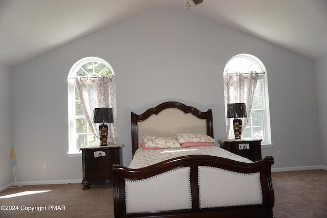 carpeted bedroom featuring vaulted ceiling