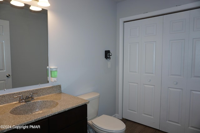 bathroom featuring vanity, toilet, and wood-type flooring