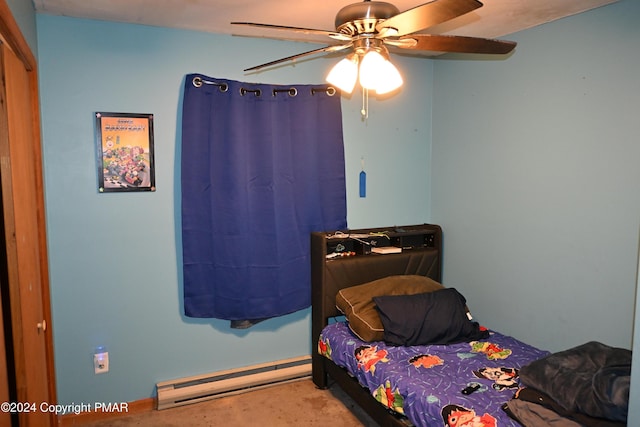 bedroom featuring a baseboard radiator and a ceiling fan