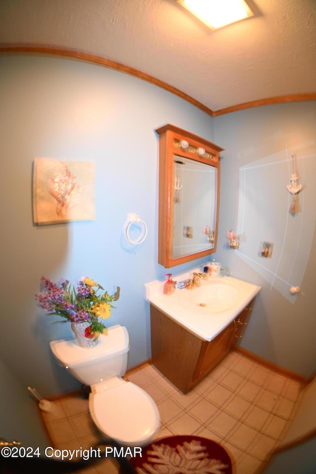 bathroom with toilet, a textured ceiling, crown molding, and vanity