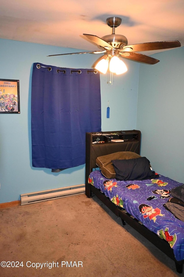 bedroom featuring a ceiling fan and a baseboard radiator