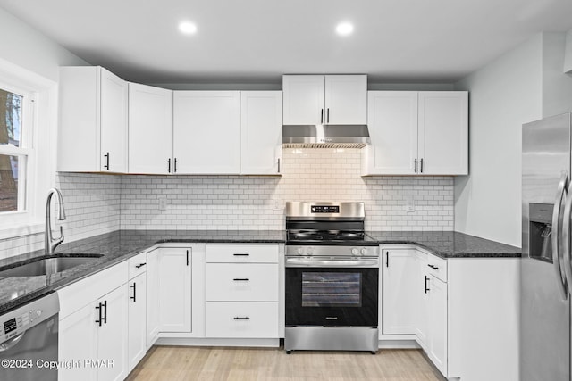 kitchen featuring dark stone countertops, stainless steel appliances, under cabinet range hood, white cabinetry, and a sink